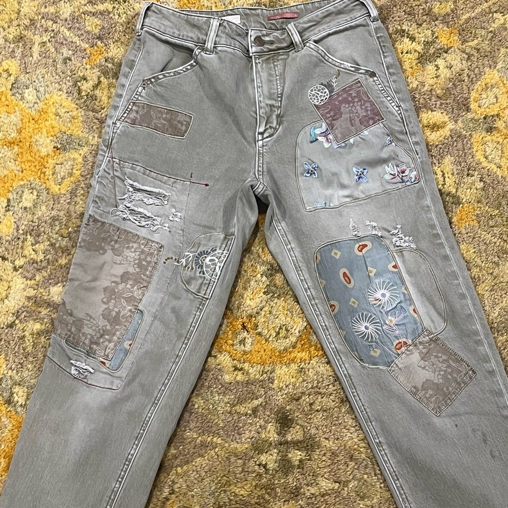 Anthropologie Tan Patchwork Straight Leg Jeans
